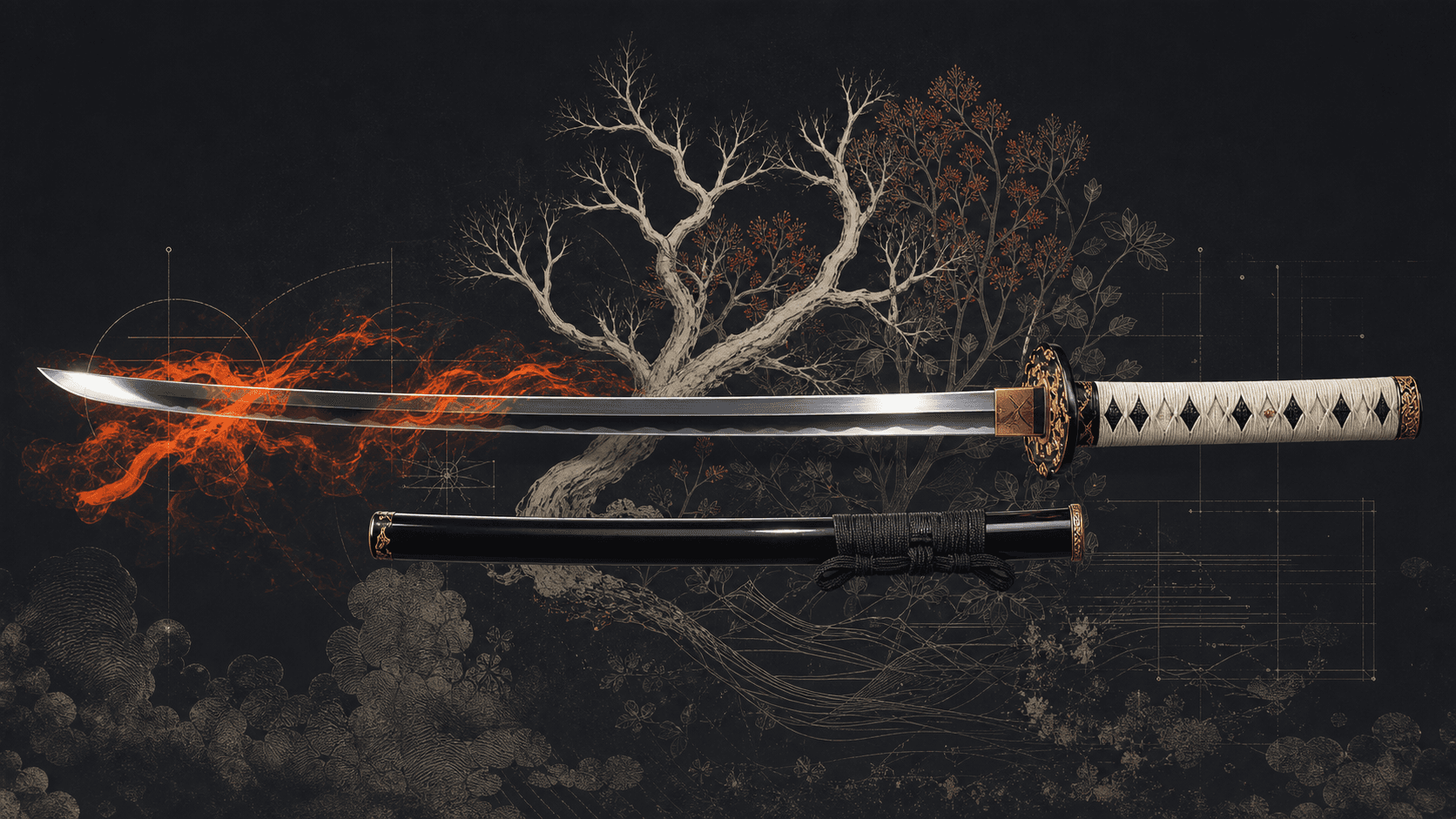 A polished katana surrounded by engraved branches and ember-orange energy