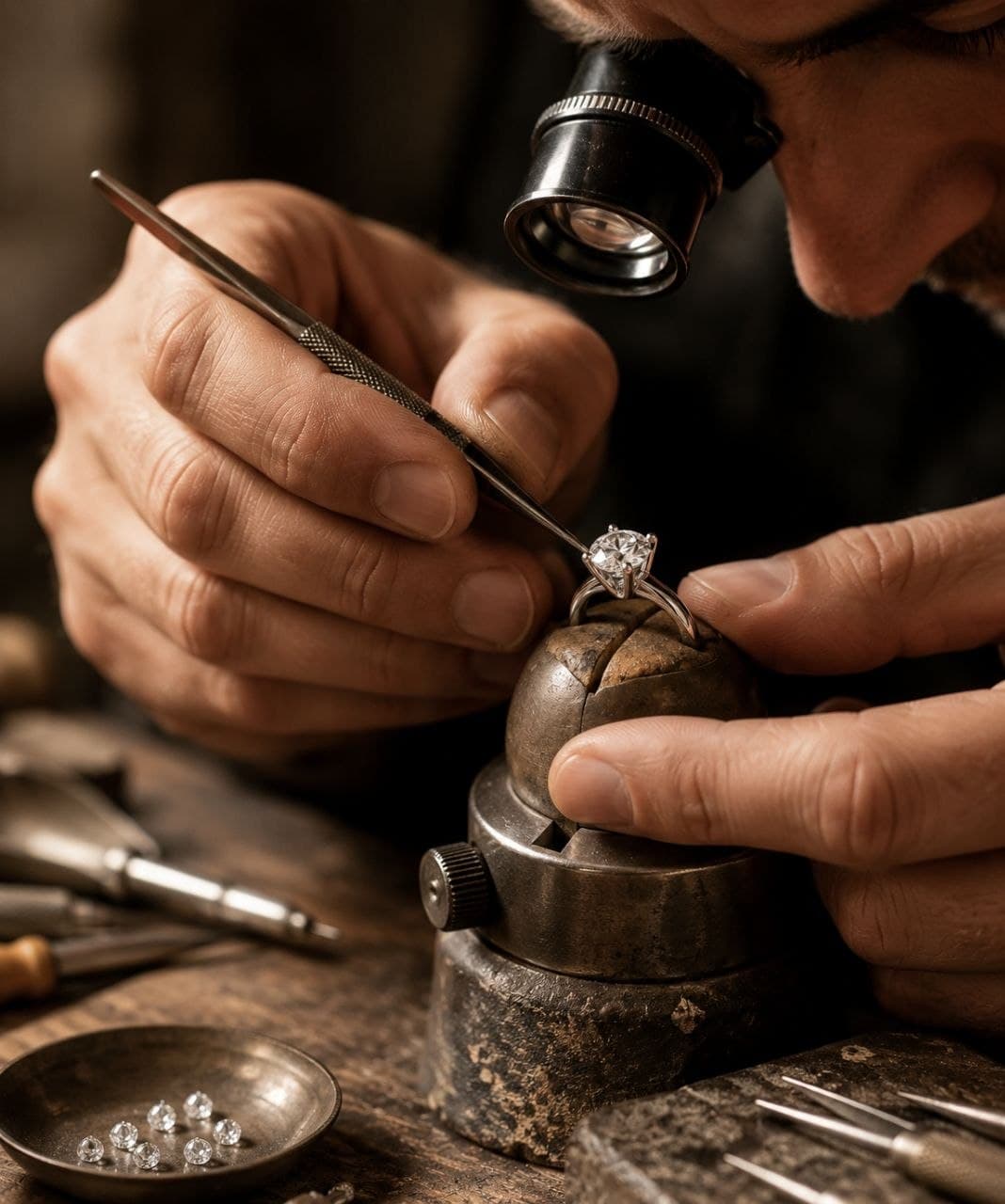 Jeweler setting a gemstone by hand