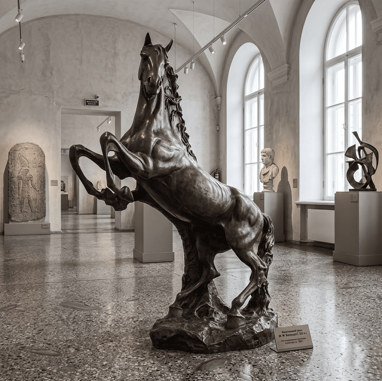 Bronze horse sculpture displayed in a vaulted museum gallery