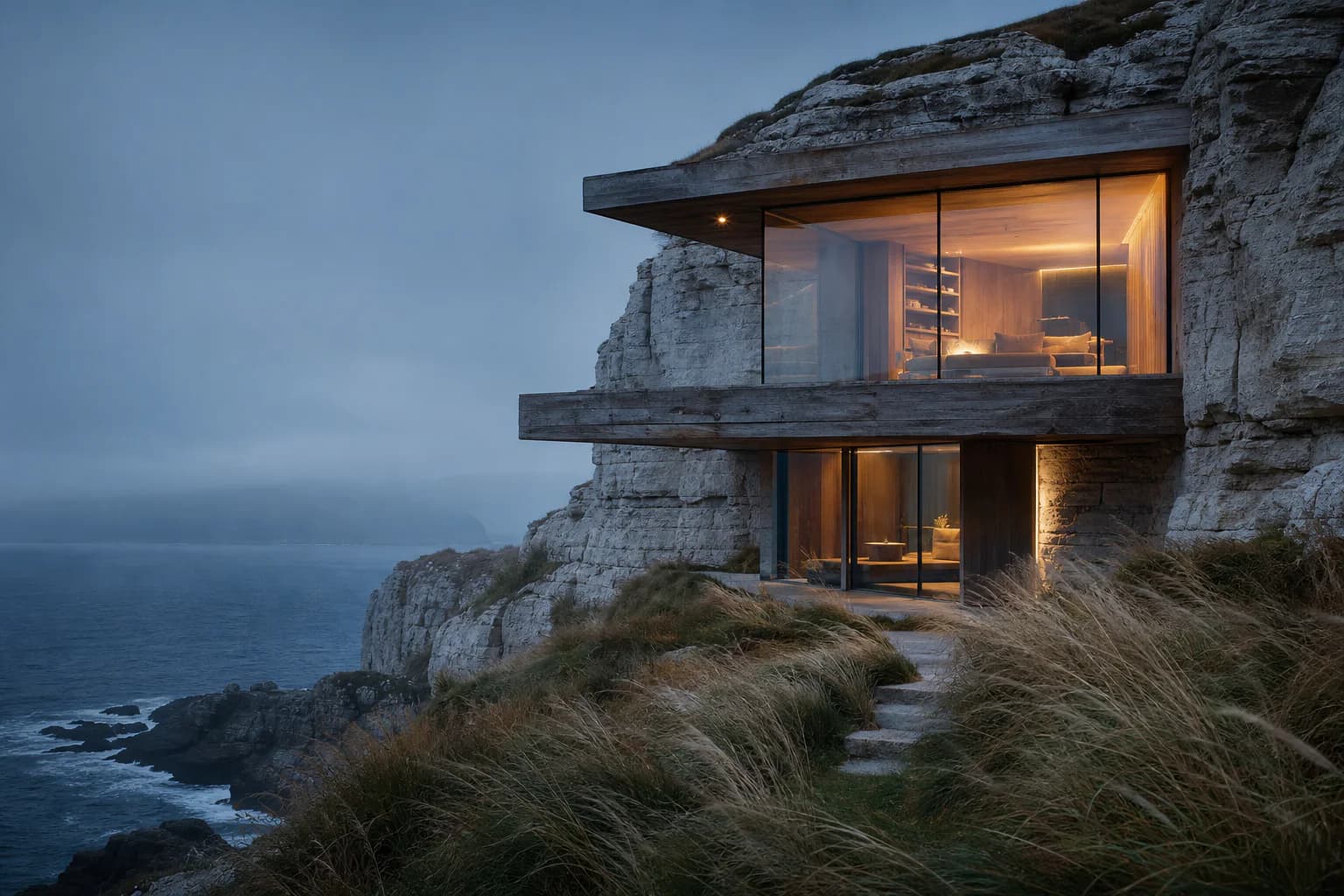 Cliffside Halcyon House overlooking a misty sea