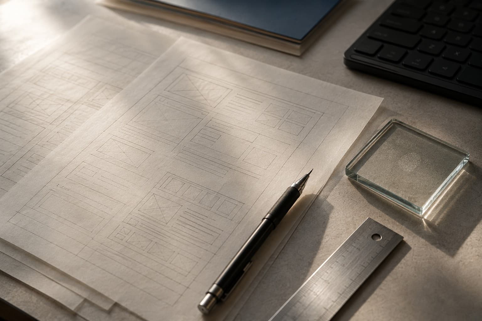 Interface wireframes, mechanical pencil, glass sample, and ruler on a studio desk
