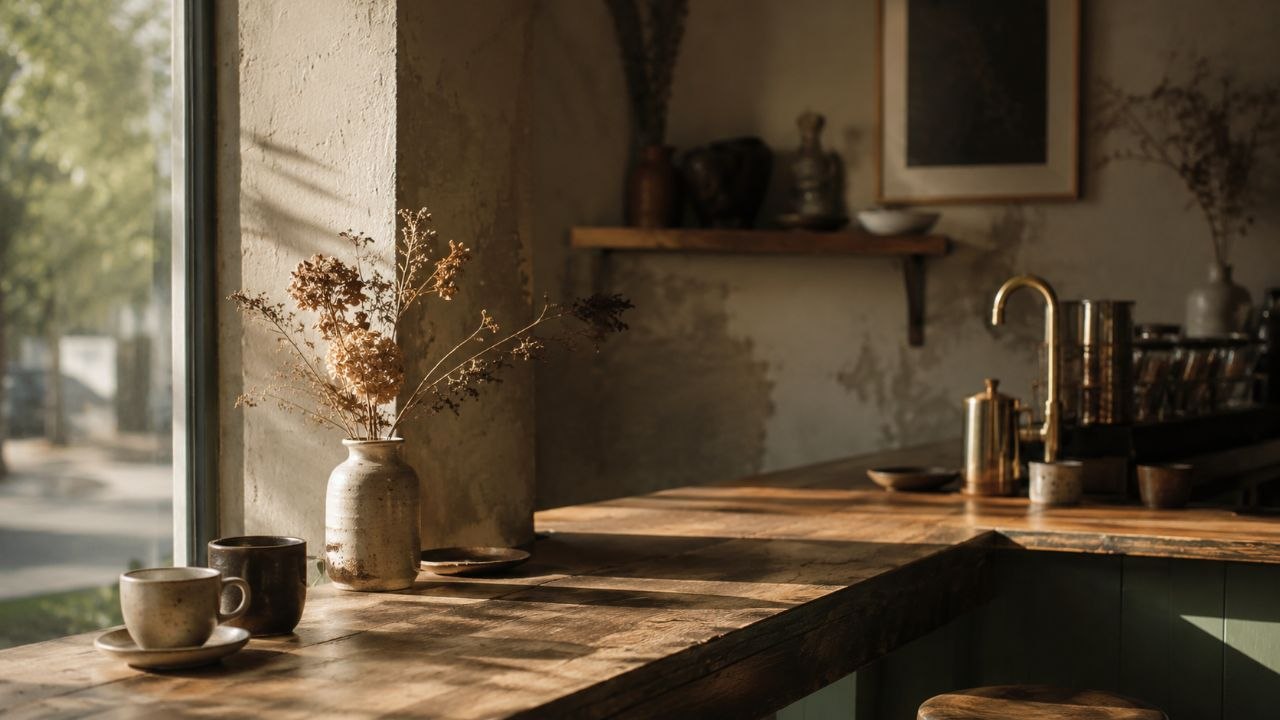 Warm café interior with wooden counter